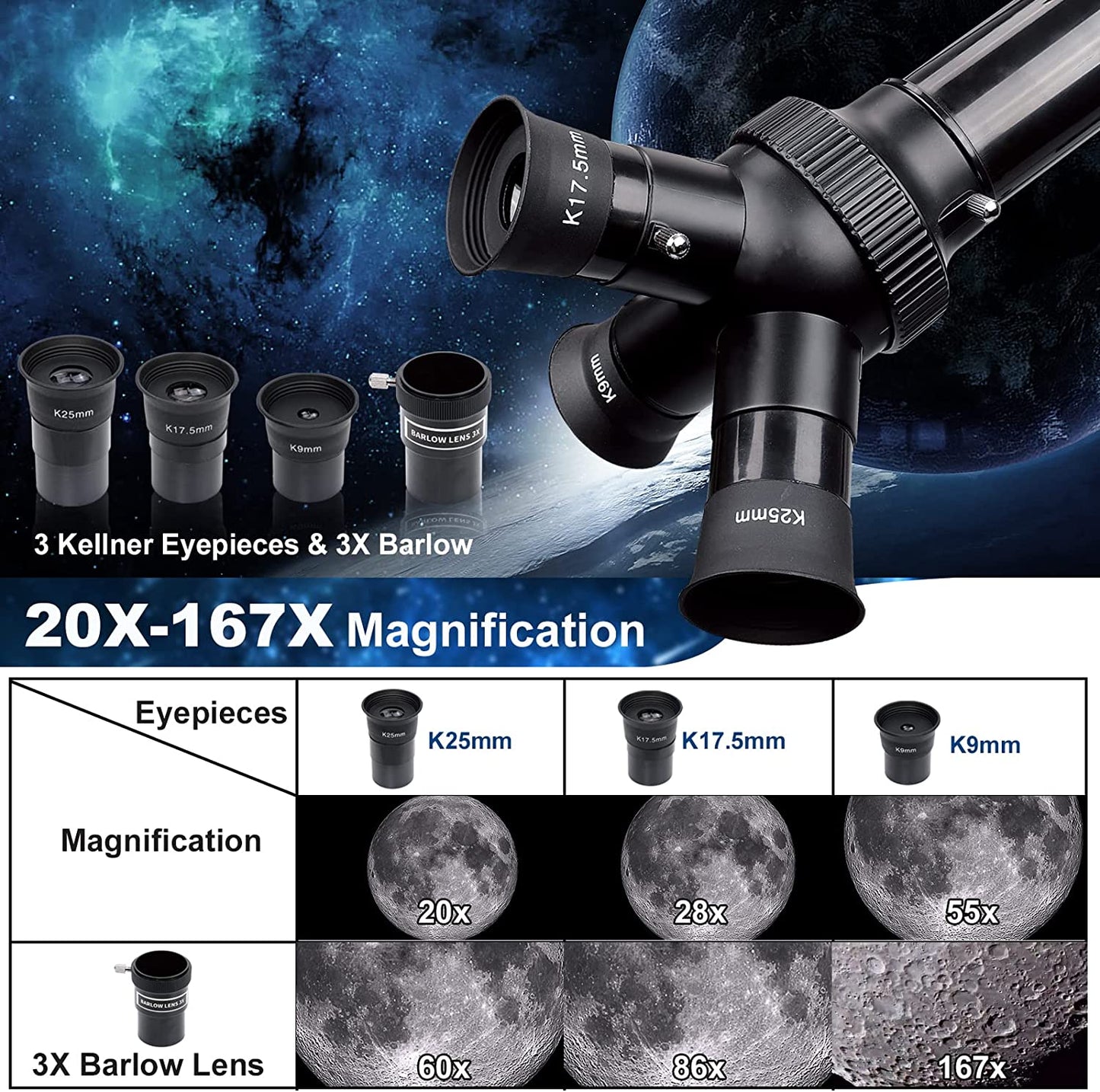60mm Beginner Telescope With 3in1 Rotatable Eyepiece