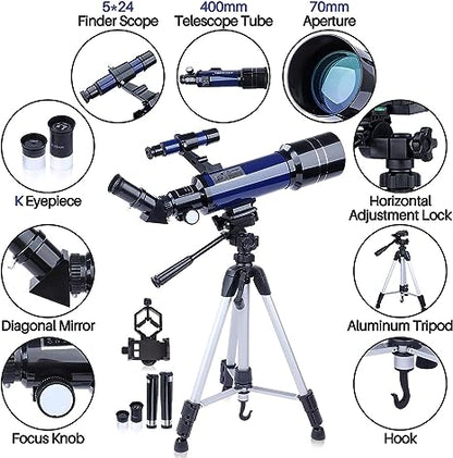 Telescopes for Astronomy Adults, 70mm Aperture 400mm Focal Length Refractor Telescope for Beginners Kids, Portable Telescope with Backpack Tripod Phone Adapter