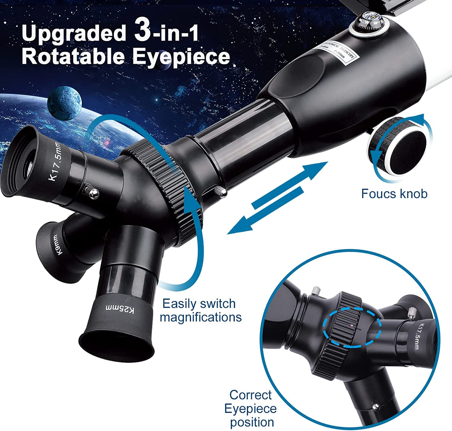 60mm Beginner Telescope With 3in1 Rotatable Eyepiece